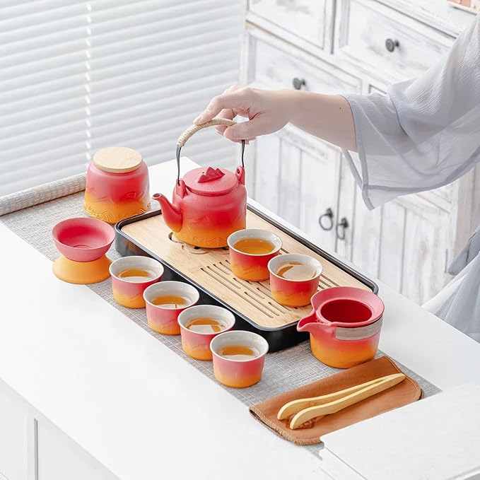 ICHAG Chinese Tea Set, Japanese Tea Sets for Adults, 15-Piece Porcelain Gongfu Tea Set with Tea Pet & Tea Tray, Japanese Teapot Set, Travel Tea Party Set, for Home/Office/Outdoor/Gifts (Red) - Bloomnest