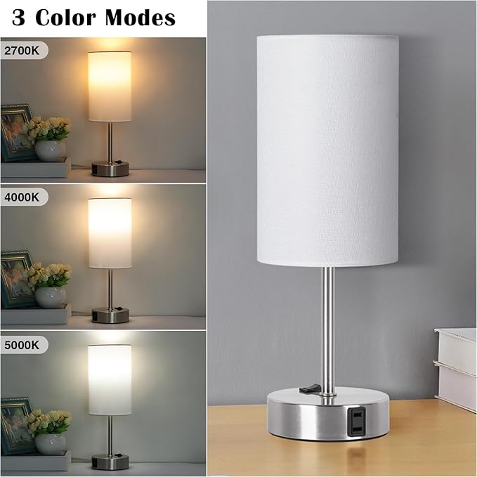 ZJOJO Table Lamp for Bedroom Set of 2, Bedside Small Lamps with 3 Way Dimmable Rocker Switch and AC Outlet, Nightstand Desk Lamp with White Fabric Shade Nickel Base for Living Room Home Decor Lights - Bloomnest