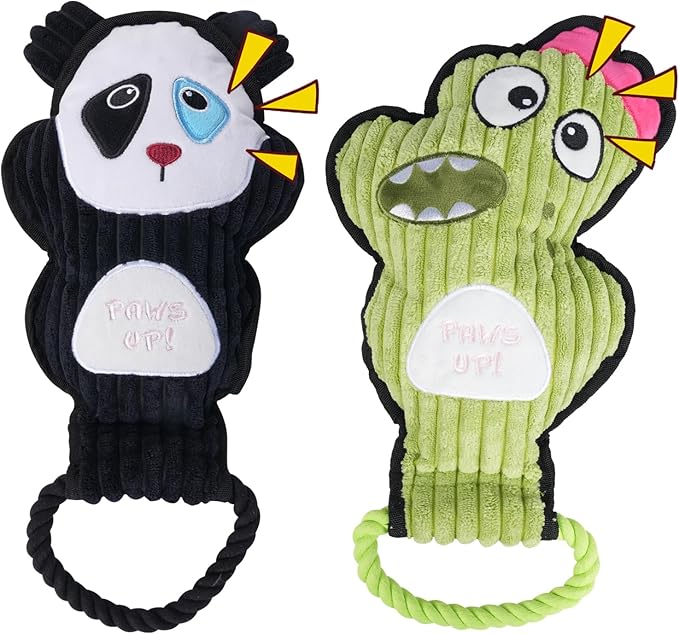 2-Pack Squeaky Dog Toys & Tough Tug of War Set - No Stuffing Chew-Resistant Plush Toys to Keep Them Busy, Best Birthday Gift for Small/Medium/Large Breeds (Panda & Dino) - Bloomnest
