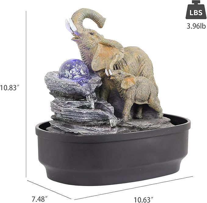 Elephant Tabletop Fountain with Rotating LED Crystal Ball & Cascading Rocks, 10.8" Indoor Waterfall Decor for Living Room,Office,Bedroom,Study,Zen Elephant Lover Gift