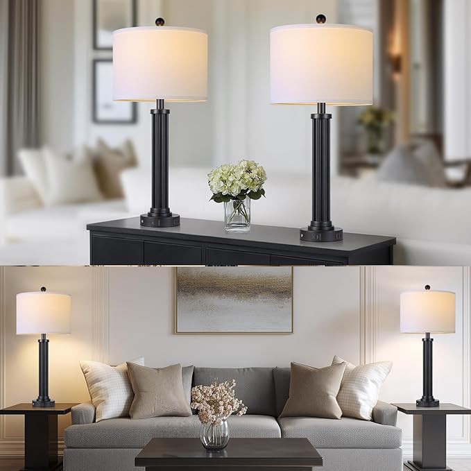28" Tall Modern Table Lamps Set of 2 with USB C+A Ports and AC Outlet, 3 Way Touch Metal Bedside Lamps for Living Room, Black Nightstand Lamps for Bedroom - Bloomnest