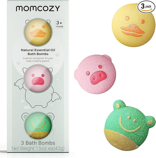 Momcozy Natural Essential Oil Bath Bombs,3 Pcs Bubble Bath Fizzy Balls with 3 Cute Shapes,Bath Bombs Gift Set for Kids Girls Boys Toddler, Ideal Gift for Birthday, Bath Bomb Kit - Bloomnest