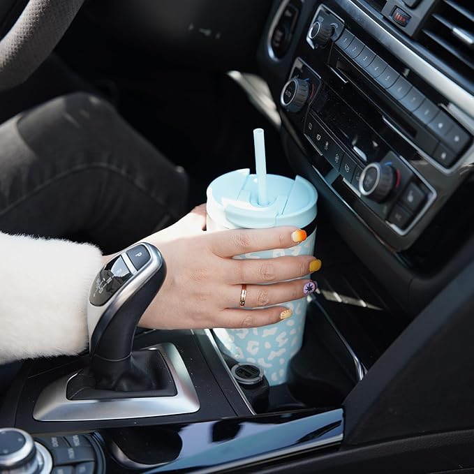 BJPKPK 34oz Tumbler With lid And Straw Stainless Steel Travel Coffee Mug Insulated Tumblers Cups,Light Blue Leopard - Bloomnest