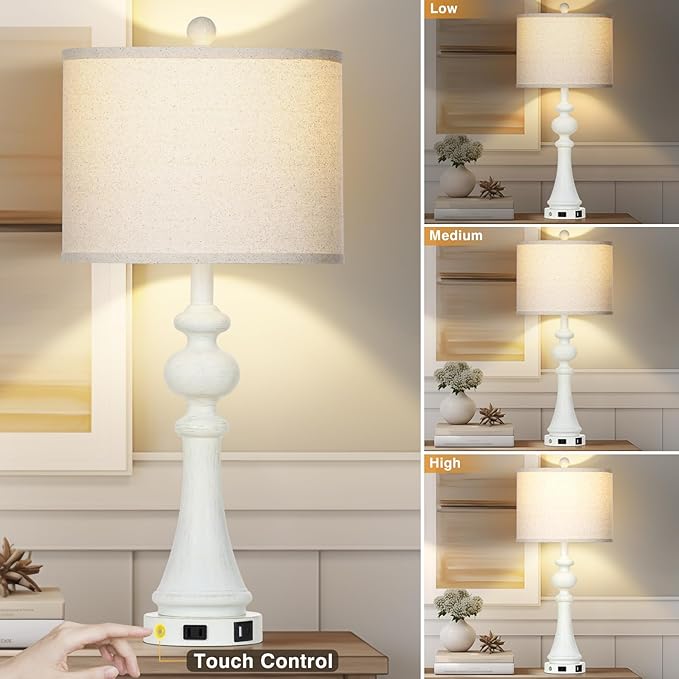 28" Farmhouse Lamps Set of 2 with USB A+C Fast Ports & AC Outlets, Vintage Rustic 3-Way Dimmable Touch Control Table Lamps, Rustic Traditional Bedside Nightstand Lamp for Living Room Bedroom White - Bloomnest