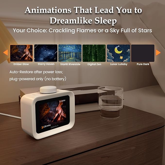 Dekala AuraDot 7-Day Programmable 4 Alarm Clock w/Temperature Humidity Monitor, White Noise Sound Machine for Sleep 30 Non-Loop Soothing Sounds, Timer/Play All Night, IPS Screen Sleep Animation,