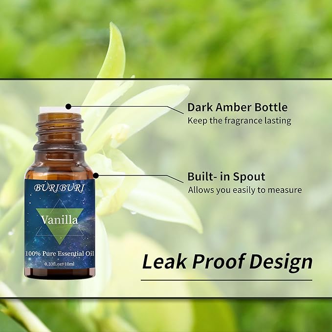 BURIBURI Vanilla Oil and Jasmine Essential Oil, 100% Pure, Undiluted, Natural, Organic Aromatherapy Vanilla Essential Oils Gift Set, 10MLx2 BURIBURI