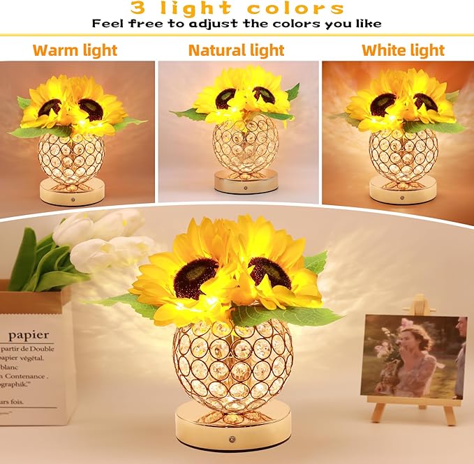 Birthday Gifts for Women,Sunflower Flower Touch Lamp,Rechargeable Cordless 3-Colour Dimming Night Light for Festival,Restaurant,Bedroom,Office Home Decor Gifts for Mom - Bloomnest
