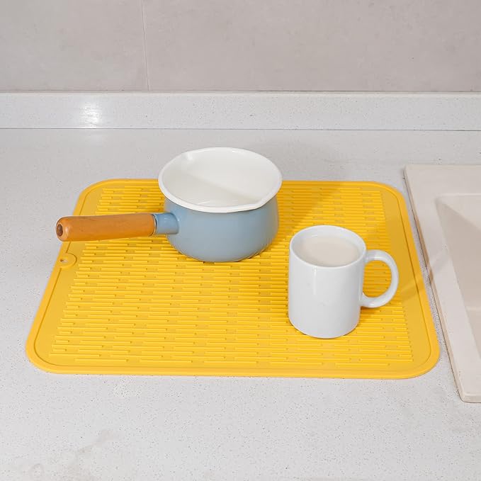 Silicone Dish Drying Mat for Multiple Usage,Easy clean,Eco-friendly,Heat-resistant Silicone Mat for Kitchen Counter or Sink,Refrigerator or Drawer Liner Yellow XL 18 inches x 16 inches - Bloomnest