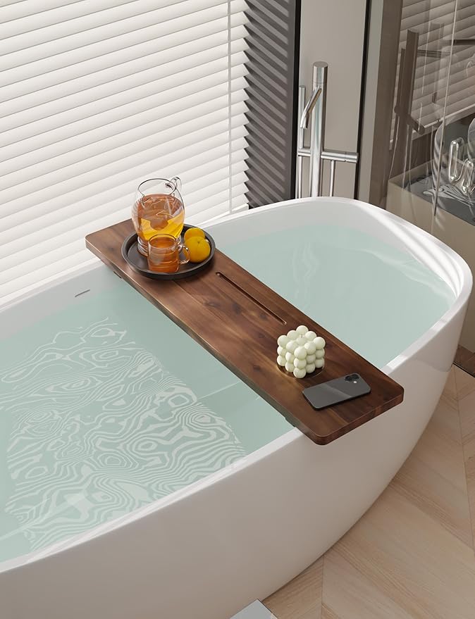 Tinamo 35”L Wooden Bathtub Tray, Bathtub Caddy Tray For Tub with Tablet Slot & Wine Holder - Acacia Bath Tray For Tub, Bath Table - Bathtub Tray Table with Adjustable Legs (Walnut color, 35"x 9"x2.5") - Bloomnest
