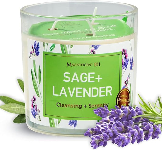 MAGNIFICENT 101 Long Lasting Lavender Sage Scented Smudge Candle - 14 oz - 56 Hour Burn Time - Natural Soy Wax Candle for House Energy Cleansing & Manifestation Magnificent101