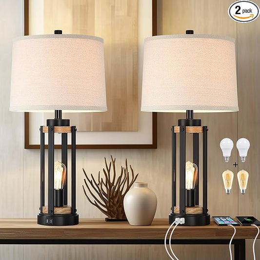 Farmhouse Table Lamps for Living Room Set of 2, 26” Rustic Beside Lamps with USB Charging Ports and Night Light, Bedroom Nightstand Lamp Vintage Reading Lamps for End Table,Bulbs Included - Bloomnest