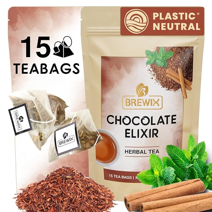 BREWIX, Chocolate Rooibos Herbal Tea (15 Pyramid Tea Bags) | Rich Red Tea with Cocoa, Cinnamon & Mint | Naturally Caffeine-Free | Dessert-Inspired Wellness Blend | Soothing Red Tea for Evening Comfort - Bloomnest