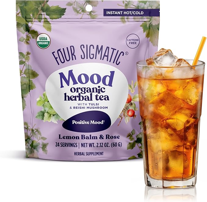 Four Sigmatic Mood Organic Herbal Tea | Enhance Emotional Well-Being with Tulsi & Reishi Tea | Calming Lemon Balm Tea w/Adaptogens | Vegan, Gluten-Free | Lemon Balm & Rose, 24 Servings - Bloomnest