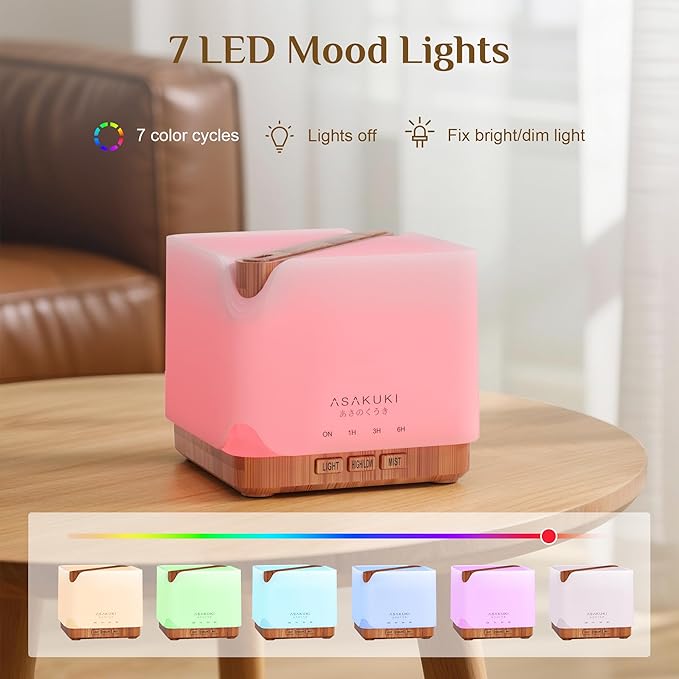 ASAKUKI Essential Oil Diffuser 700ml, Ultrasonic Aromatherapy Humidifier with Top 6 Essential Oils Set, 7 LED Colors, Timer & Auto-Off, Large Room Diffuser - Bloomnest