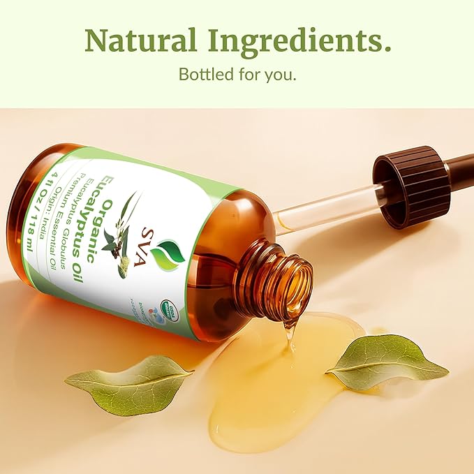SVA Eucalyptus Essential Oil Organic – 4 Fl Oz – 100% Natural Organic Eucalyptus Oil - for Diffuser, Hair, Face, Skin Care, Aromatherapy, Scalp and Body Massage, Soap and Candle Making - with Dropper - Bloomnest