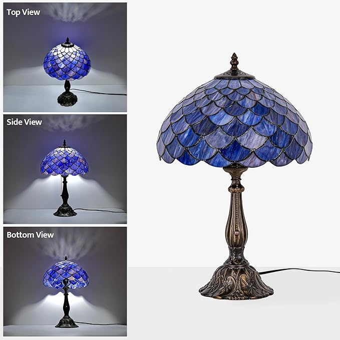 Tiffany Style Table Lamp Vintage Stained Glass Desk Lamp Deep Blue Purple Fish Scales Bedside Reading Light Decor Bedroom Living Room Home Office D12 xH18 - Bloomnest