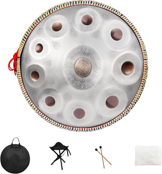 Handpan Drum,22inch 10 Sounds D Minor Silver Print 432hz Handpan,Adult's Steel Hand Pan Instrument,Sounds Clean Clear Ethereal