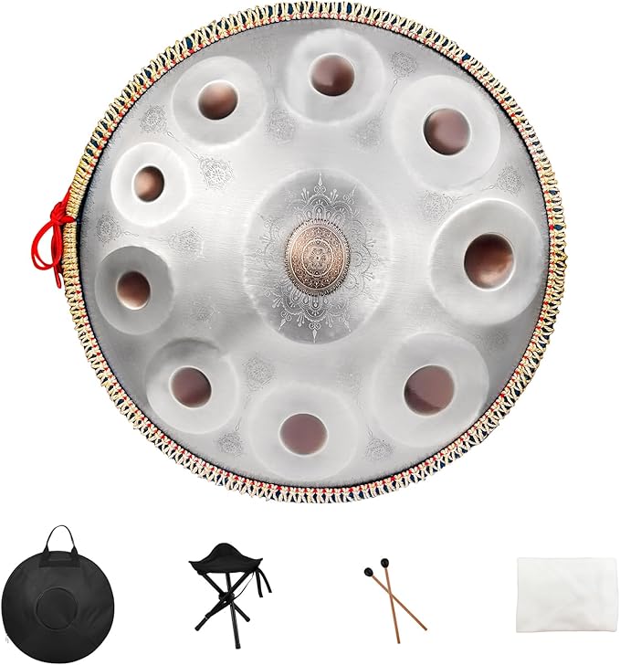Handpan Drum,22inch 10 Sounds D Minor Silver Print 432hz Handpan,Adult's Steel Hand Pan Instrument,Sounds Clean Clear Ethereal - Bloomnest