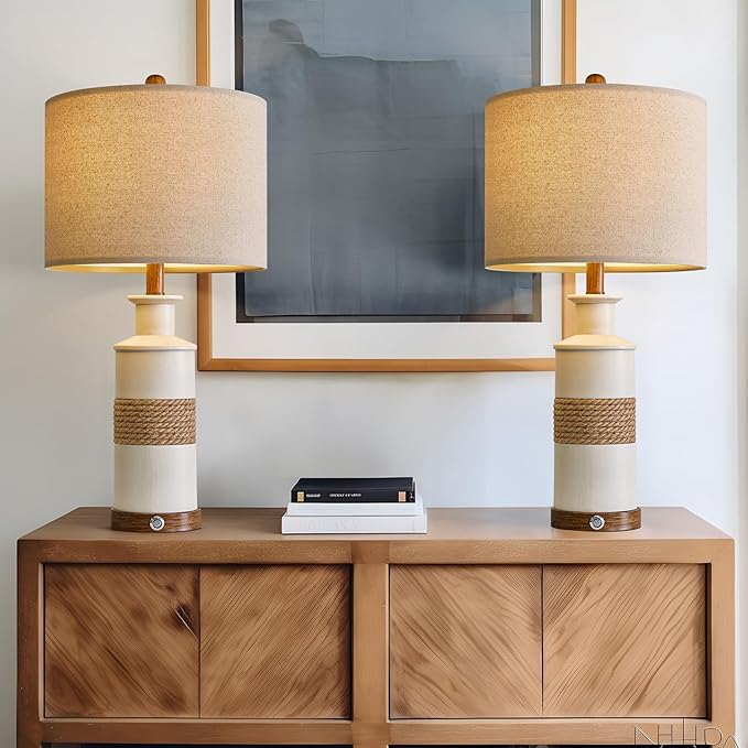 BOBOMOMO 24.5" USB A+C 3-Way Dimmable Touch Control Boho Table Lamp Set of 2 for Living Room Nightstand Beside Lamps for Bedroom(Include Two Bulbs) - Bloomnest