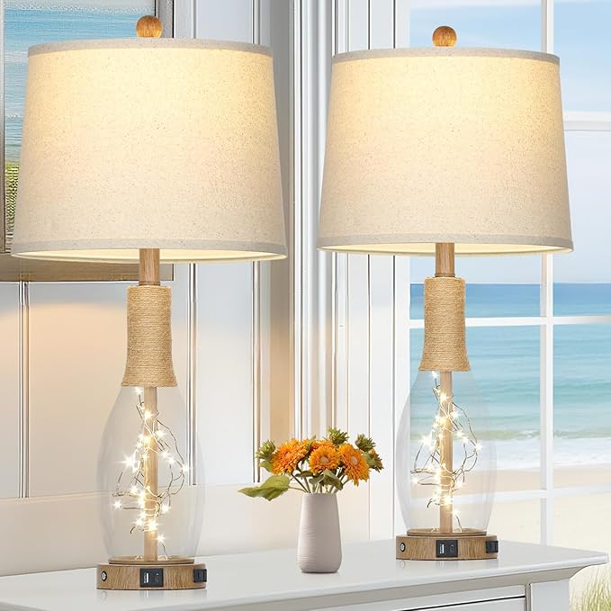 28" Coastal Table Lamps for Bedroom Set of 2, Farmhouse Glass Lamps with 3-Way Dimmable Touch Control Fairy Lights & Type-C Charging for Living Room Nightstand, Beach Nautical Bedside Lamp Rustic Wood - Bloomnest
