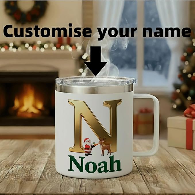Personalized Christmas Insulated Coffee Mug with Handle – Custom Gold Initial Letter [O] with Santa & Reindeer & Green Name [Olivia] – [Your Brand Name] (B120) - Bloomnest