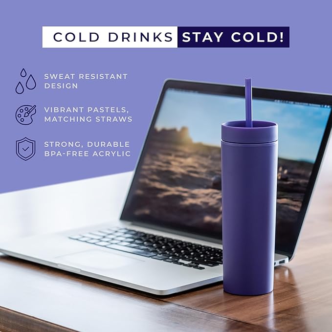 STRATA CUPS Purple Skinny Tumblers with Lids and Straws (12 pack) - 16oz Double Wall Acrylic Tumbler, Tall Matte Skinny Tumblers, Bulk with Free Straw Cleaner, Reusable Cups - Bloomnest