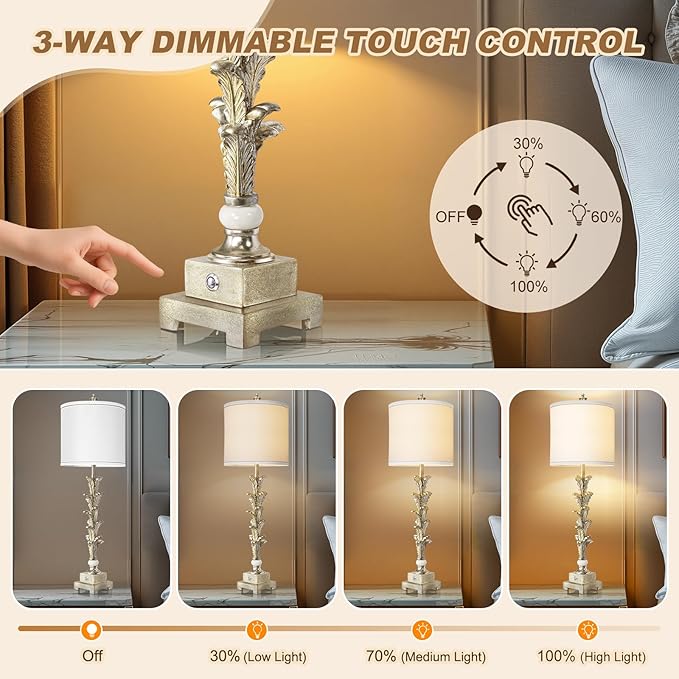 33'' Touch Control Table Lamp Set of 2, 3-Way Dimmable Buffet Lamps with USB A+C Ports and White Shade, Silver Leaf Finish Nightstand Lamps for Living Room Bedroom Office Study Dinning (Bulb Included) - Bloomnest