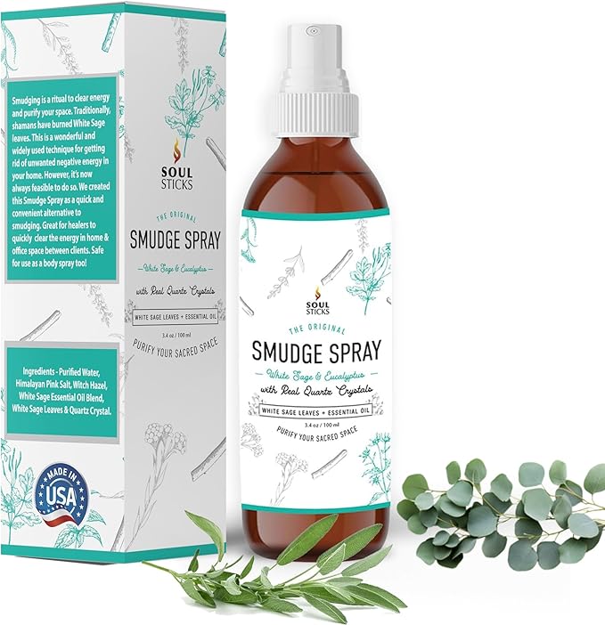 SOUL STICKS White Sage & Eucalyptus Smudge Spray – 3.5oz Smokeless Energy Mist with Quartz Crystals – Essential Oil Spray for Focus, Clarity, Aura Cleansing, Meditation, and Home Refreshing SoulSticks