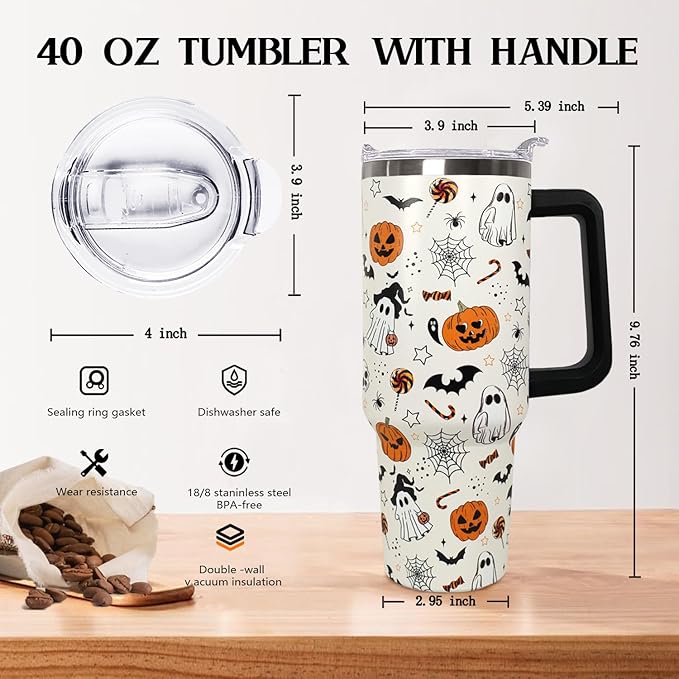 Ceovfoi 40 oz Halloween Pumpkin Tumbler Insulated Stainless Water Bottle Travel Coffee Cup, Water Bottle - Goth Ghost Witch Decor Gift for Women - Bloomnest