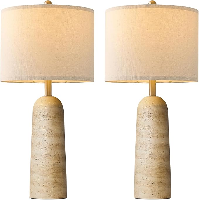 BOBOMOMO 27.25" Modern Table Lamp Set of 2, Beige Resin Lamp with Natural Stone Look, Travertine Lamps for Living Room with Linen Shades, Bedside Lamp for Bedroom, Living Room, Nightstand, Entryway - Bloomnest