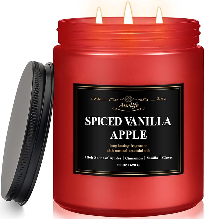 Auelife Spiced Vanilla Apple Scented Candle – 22oz Large 3-Wick Soy Candle, Cozy Fall & Autumn Candles for Home, Holiday Gift for Women & Men - Bloomnest