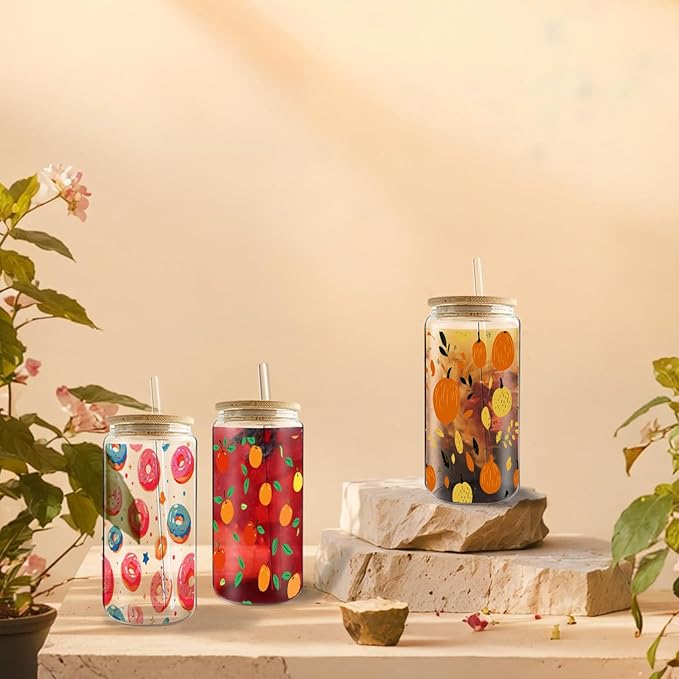 Sublimation Glass Cups Blanks with Bamboo Lids and Straws 8 Set 16 oz Reusable Iced Coffee Cup Beer Can Drinking Glasses, Cute Tumbler Cup for Smoothie Whiskey Boba Soda Tea Water… - Bloomnest