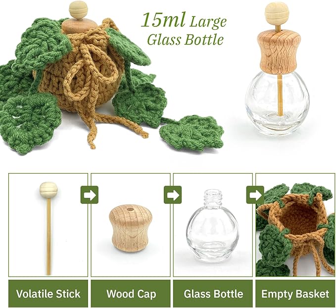 Crochet Car Air Freshener, 15ml Empty Refillable Oil Diffuser Bottle with Hanging Crochet Plant for Car Rearview Mirror Decor, Handmade Home&Office Decor - Bloomnest