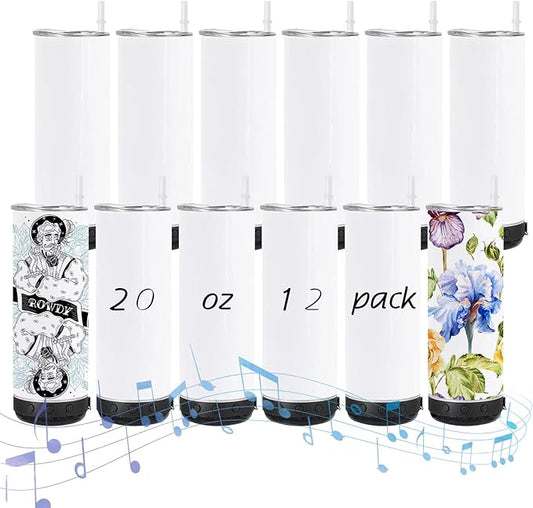 12 Pack 20 OZ Sublimation Blank Tumblers Bulk Stainless Steels Double Vacuum Bluetooth Speaker Music Insulated Tumbler with Lid and Straw Heat Transfer Cup Black - Bloomnest