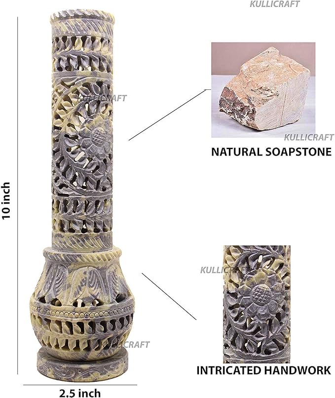Carry Me Marble Soapstone Incense Stick Holder | Candle Burner | Tea Light Stand - Perfect Handmade Bottle Tower. Decorative Floral Carving for Gifting - Home and Office Decor - (2.5x2.5x10 Inches) - Bloomnest