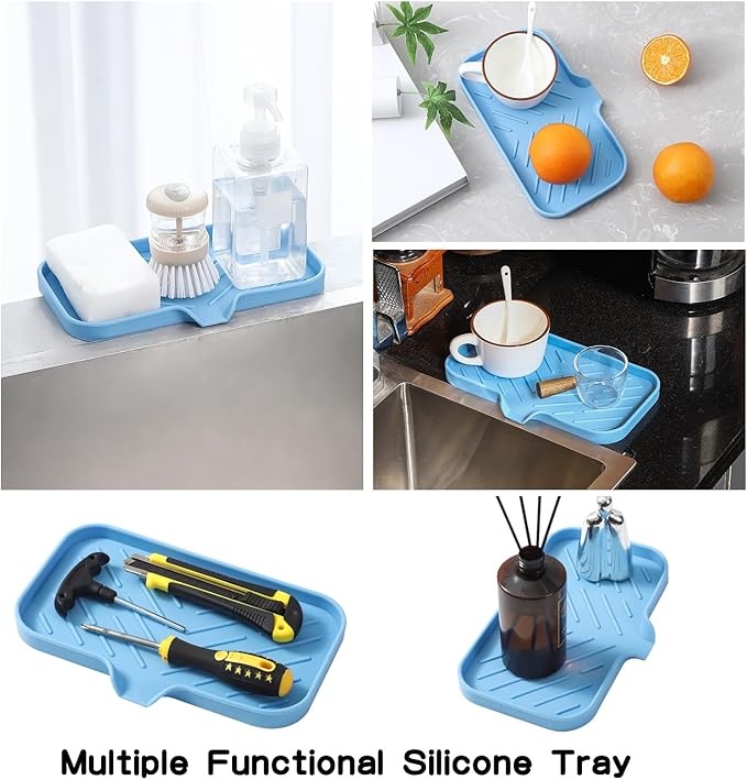 Silicone Bathroom Soap Dishes with Drain Spout-Bathroom and Kitchen Sink Organizer,Sponge Holder,Dish Soap Tray,Perfect for Dispenser,Scrubber,Bottle on Sink or Counter-Light Blue 9.6"×5.3" - Bloomnest