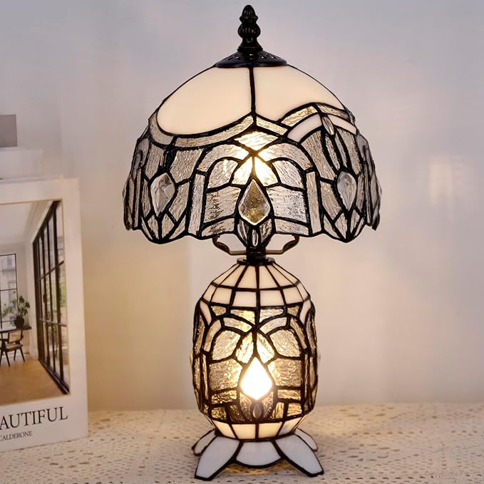 Small Tiffany Lamp Stained Glass Table Lamp Mini Mother Daughter Vase Desk Accent Light for Bedroom Bedside Reading Home Antique Style Decor 8X14 Inches (White) - Bloomnest