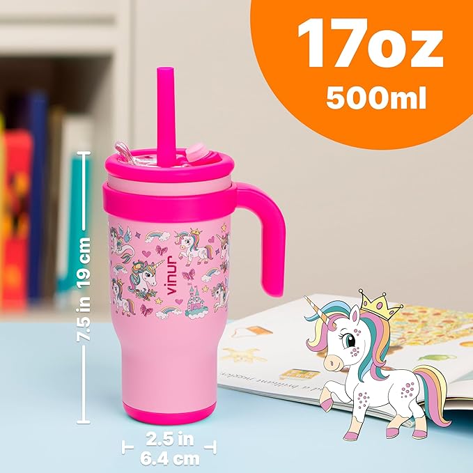 VINUR Kids Insulated Tumbler with Handle 17 oz Stainless Steel Vacuum Water Tumbler Mug with Leak Proof Lid and Straw|Gift for Boys Girls 6+| Cup Holder Friendly, Unicorn - Bloomnest