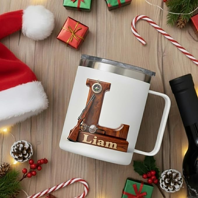 Personalized Christmas Story Mug with Custom Name & Ralphie Initial - 14oz Insulated Tumbler with Handle & Lid - Funny Red Ryder Movie Fan Gift for Men, Dad, Husband (B63) - Bloomnest