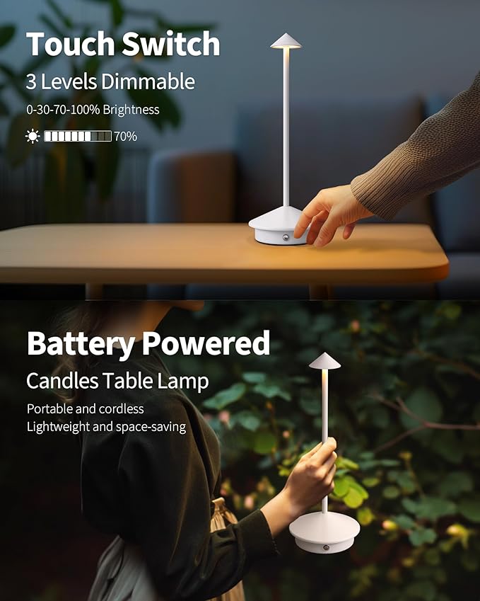 Modern Cordless Table Lamp Set of 2, Portable LED Desk Lamps, 5000mAh Rechargeable Battery Operated Lighting for Bedroom Dining Room Restaurant Coffee Shop Camping Night Light (White) - Bloomnest