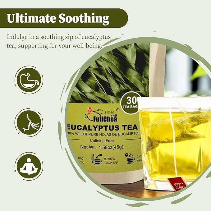 FullChea - Natural Eucalyptus Tea Bag 30 Teabags, 1.5g/bag - Premium Hojas de Eucalipto - Non-GMO - Caffeine-free - Boost Respiratory Health - Bloomnest