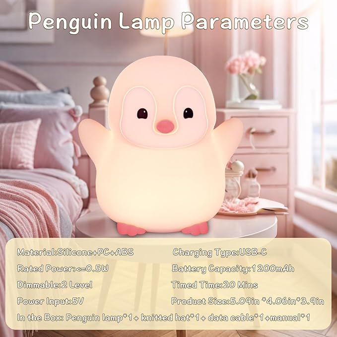 Pink Penguin Night Light,Food Grade Soft Silicone Nursery Nightlight for Baby,LED Squishy Novelty Animal Bedside Lamp,Rechargeable/Dimmable/Timer,Funny Gifts for Kids Girls Adults Teens - Bloomnest