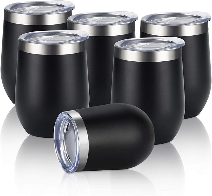 6 Pack Stainless Steel Wine Tumblers, 12Oz Insulated Wine Tumbler, Double Wall Insulated Wine Glass, Stainless Steel Stemless Wine Cups with Lids for Coffee, Wine, Cocktails, Champaign, Black… - Bloomnest