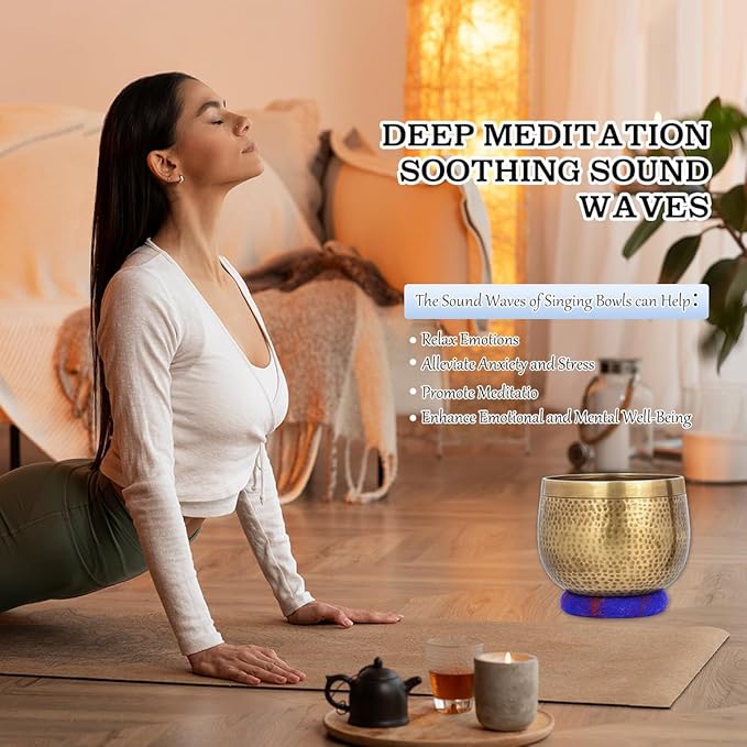 Tibetan Singing Bowls Set-Hand-hammered in Nepal Sound Bowl for Meditation, Yoga, Chakra, Meditation Accessories, Unique Gifts for Women, Men (Blue, 5 inch) - Bloomnest
