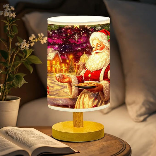 Mrs. Claus Table Lamp LED 3-Color Pressed Bedside for Merry Christmas, Mrs. Claus Shade Christmas Table Lamp with Wood Base for Bedroom Living Room Desk Office - Bloomnest
