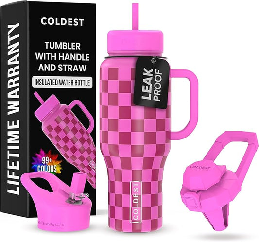 Coldest Tumbler with Handle and Straw, 100% Leak Proof Insulated Tumbler with Lid and Straw (3 Lids), Stainless Steel Tumblers for Women & Men, Cup Holder Friendly, 36 oz (Purple Checkers) - Bloomnest