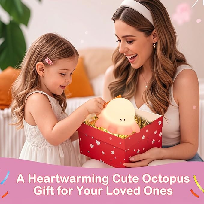 Kibbidea Touch Control Silicone Night Light for Kids, Rechargeable Octopus Nightlight with Timer, Eye Protection, Portable USB Baby Nightl lamp for Nursery, Bedroom - Bloomnest