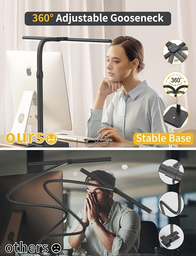 LED Desk Lamp for Home Office, Double Head 24W with Base, Architect Light 5 Lighting Brightness Flexible Gooseneck Table Reading Study, Black - Bloomnest