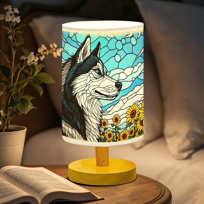 Siberian Husky Table Lamp LED 3-Color Pressed Bedside, Dog Shade Lamp with Wood Base for Bedroom Living Room Desk Office - Bloomnest