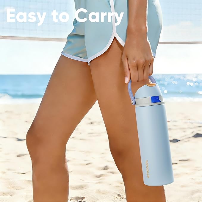 Insulated Water Bottle with Straw - Encool Stainless Steel Water Bottle with Push Button Lid, Leak-Proof & BPA-Free, Keeps Cold for 24 Hours for Sports, Travel, Gym (24 oz, Hazy Blue-Blue) ENCOOL